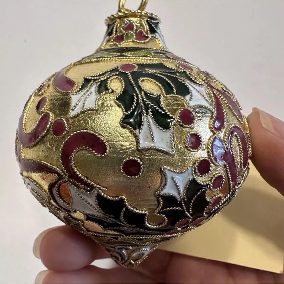 Precious Cloisonne Enamel Ornament Gold Plate Holly Berry On Copper Artisan Made - Picture 2 of 14